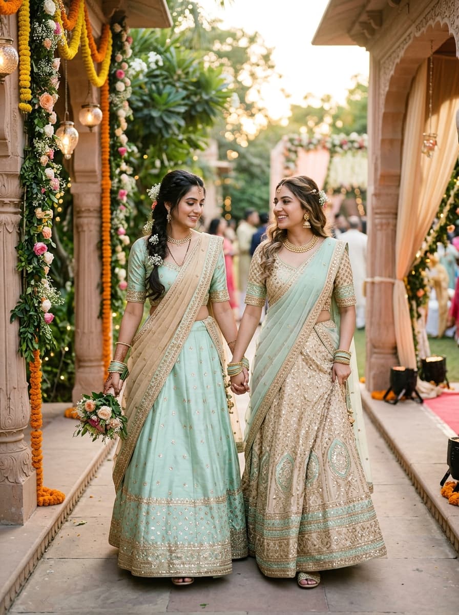 Pastel Mint & Champagne Lehengas
