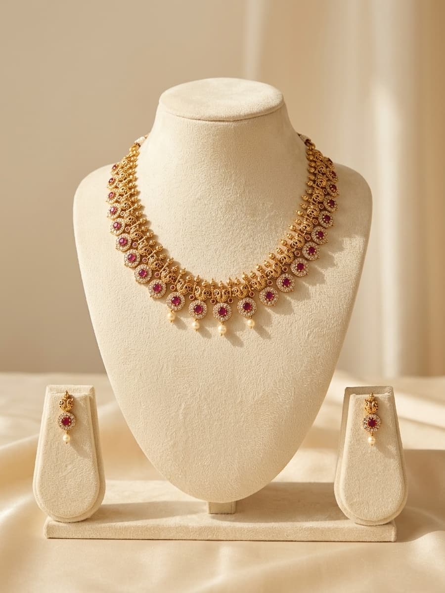 Antique Gold Choker with Ruby and Pearl Drops on Ivory Velvet Bust